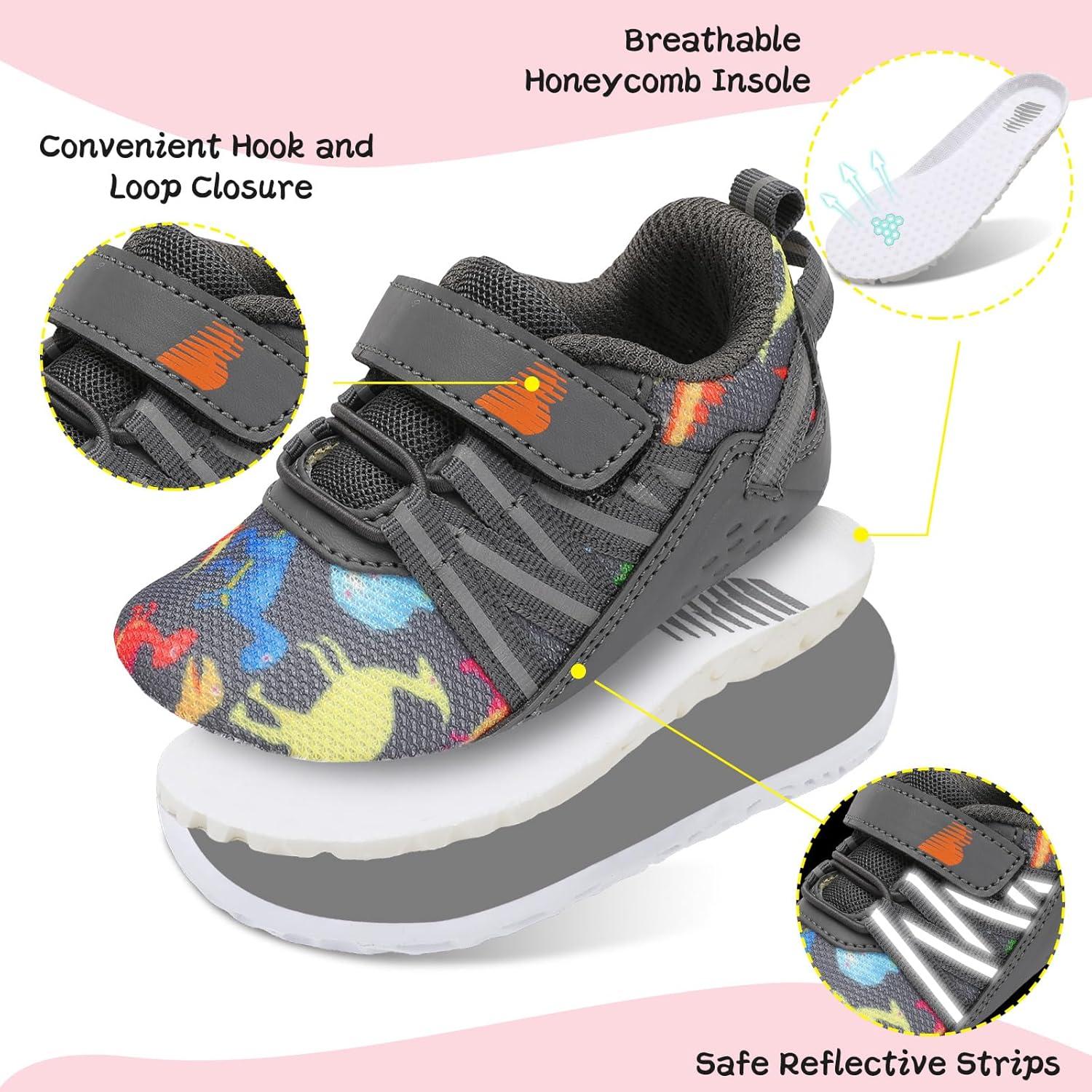 imageBARERUN Baby Sneakers Toddler Shoes Soft AntiSlip Sole Newborn First Walkers Infant Toddler Breathable Athletic Running ShoesGrey Dinosaur