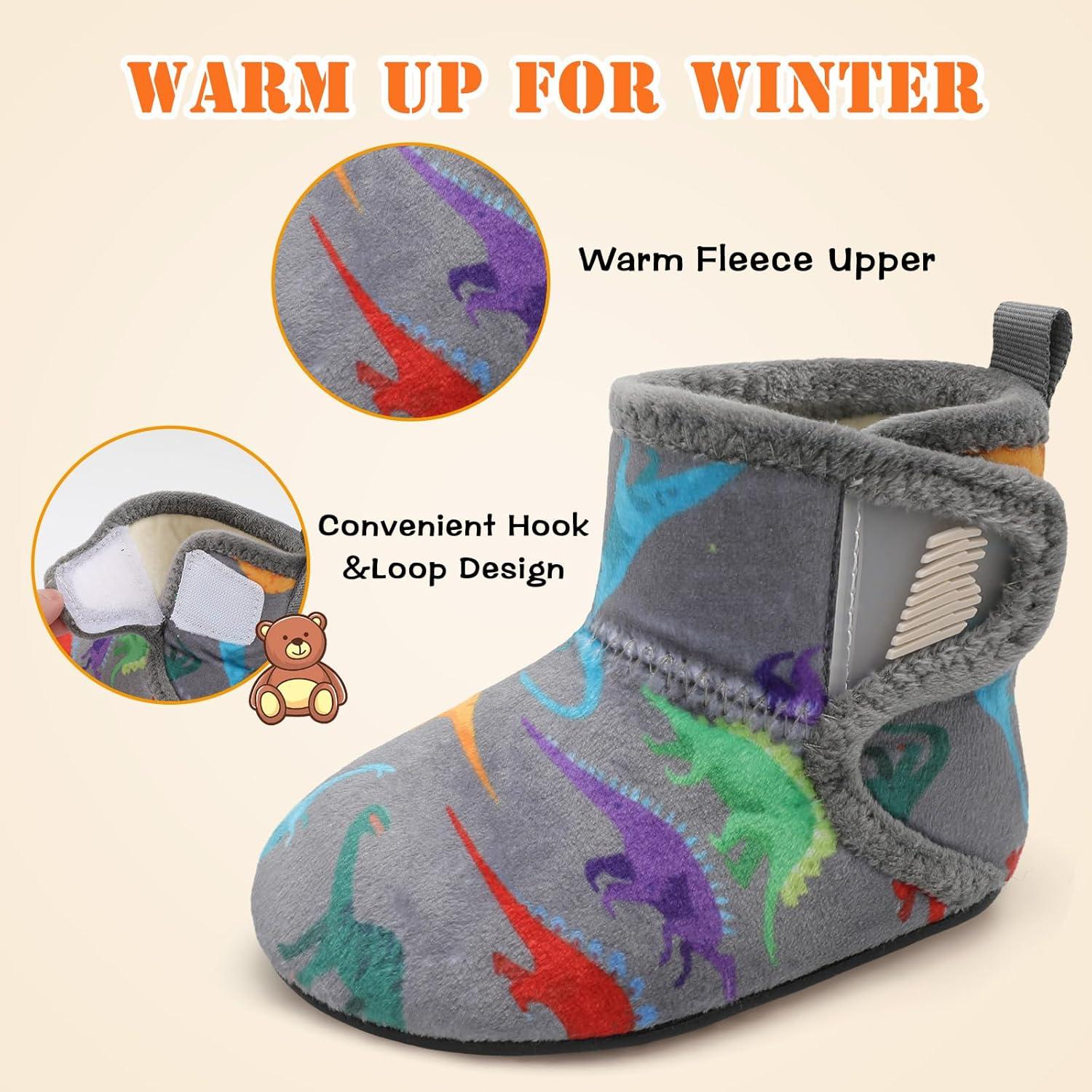 imageBARERUN Toddler Slippers Girls Boys House Shoes Baby Winter Booties Plush Cozy Kids House Slipper Warm Lightweight Infant Walking Shoes SocksA Grey Dinosaur