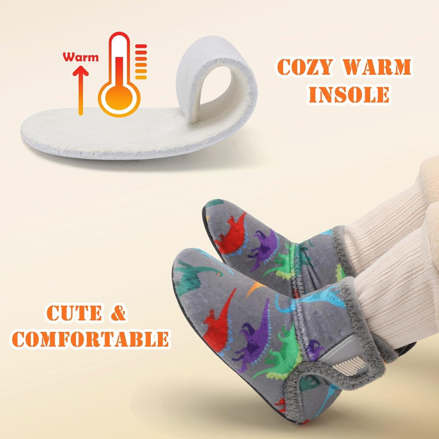 imageBARERUN Toddler Slippers Girls Boys House Shoes Baby Winter Booties Plush Cozy Kids House Slipper Warm Lightweight Infant Walking Shoes SocksA Grey Dinosaur