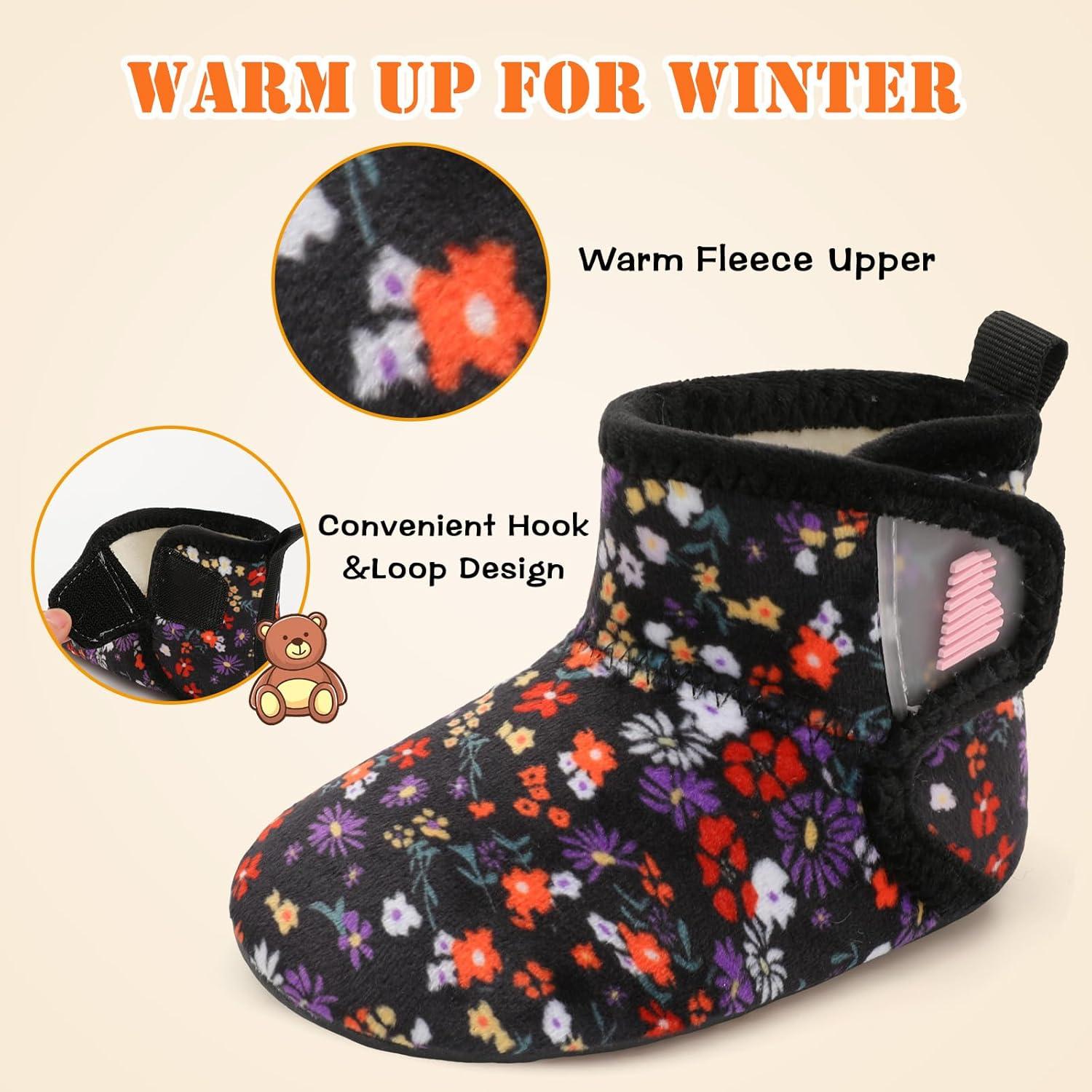 imageBARERUN Toddler Slippers Girls Boys House Shoes Baby Winter Booties Plush Cozy Kids House Slipper Warm Lightweight Infant Walking Shoes SocksFlower