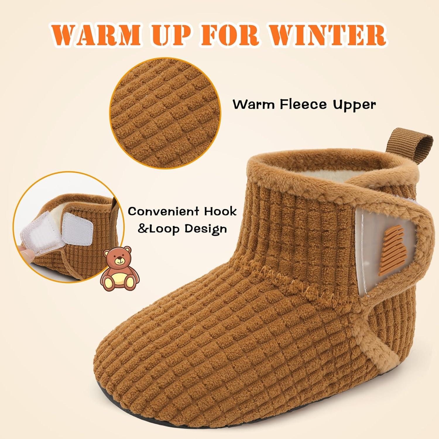 imageBARERUN Toddler Slippers Girls Boys House Shoes Baby Winter Booties Plush Cozy Kids House Slipper Warm Lightweight Infant Walking Shoes SocksPaid Brown