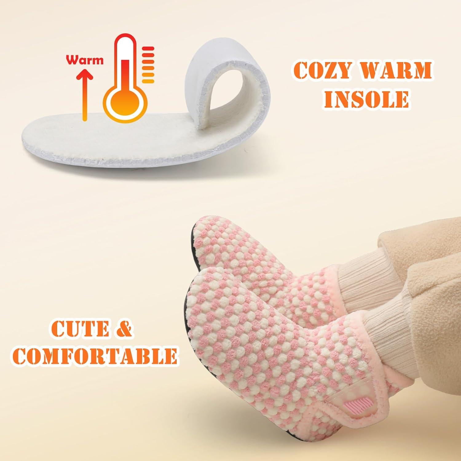 imageBARERUN Toddler Slippers Girls Boys House Shoes Baby Winter Booties Plush Cozy Kids House Slipper Warm Lightweight Infant Walking Shoes SocksPlaid Pink White