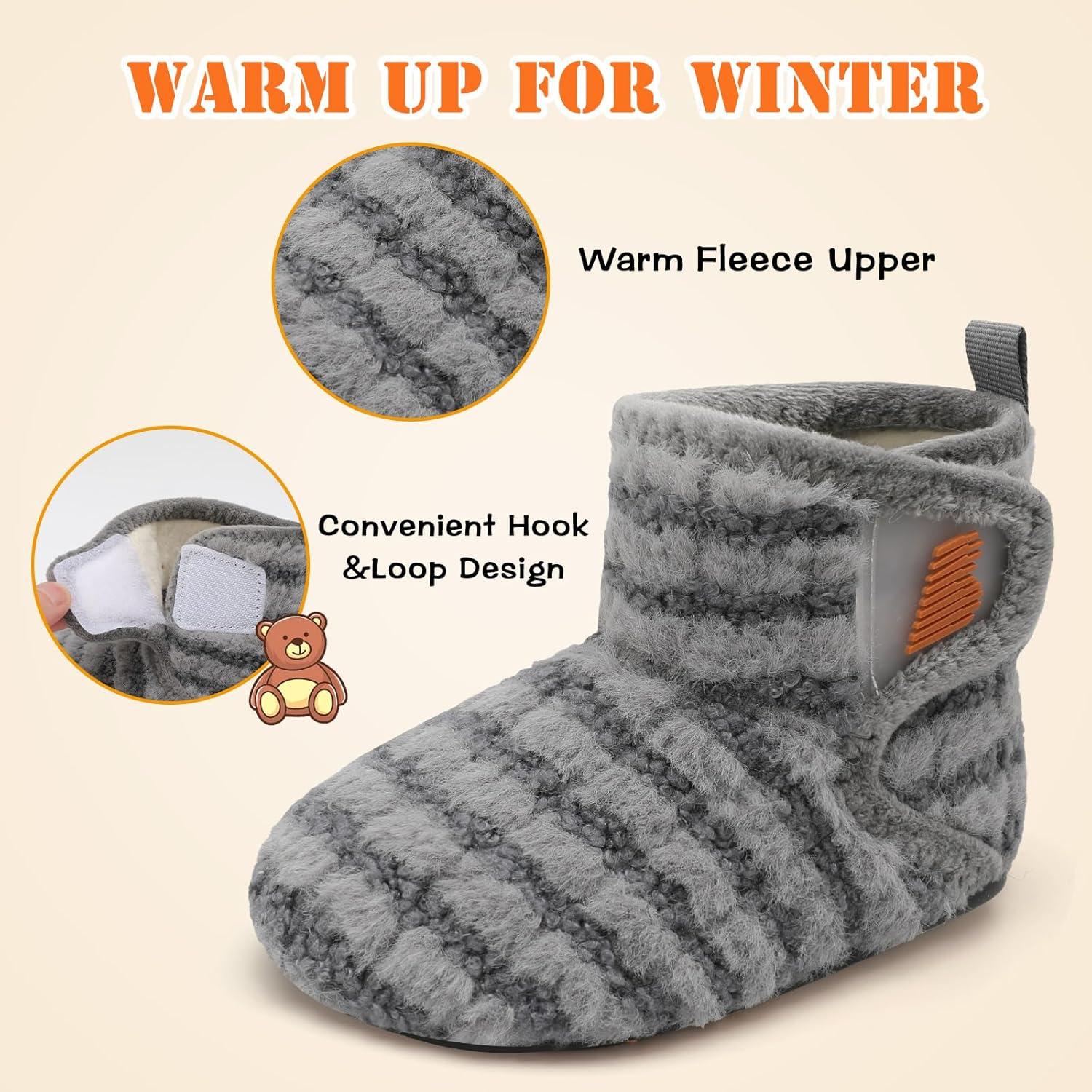 imageBARERUN Toddler Slippers Girls Boys House Shoes Baby Winter Booties Plush Cozy Kids House Slipper Warm Lightweight Infant Walking Shoes SocksStripe Grey