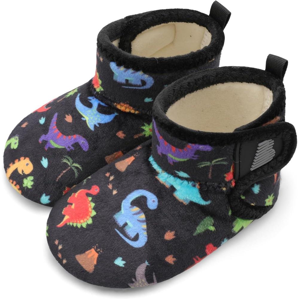 imageBARERUN Toddler Slippers Girls Boys House Shoes Baby Winter Booties Plush Cozy Kids House Slipper Warm Lightweight Infant Walking Shoes SocksBlack Dinosaur
