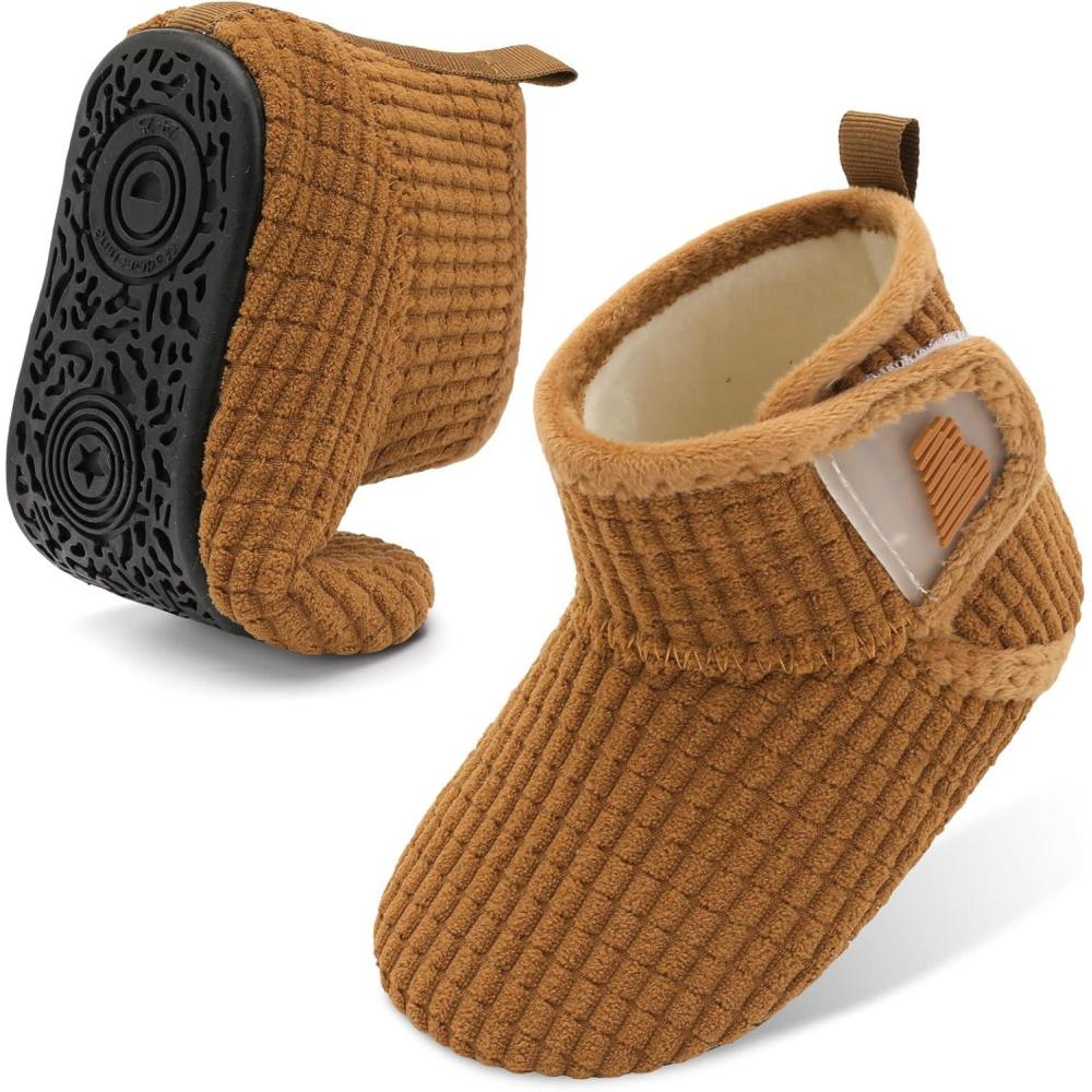 imageBARERUN Toddler Slippers Girls Boys House Shoes Baby Winter Booties Plush Cozy Kids House Slipper Warm Lightweight Infant Walking Shoes SocksPaid Brown