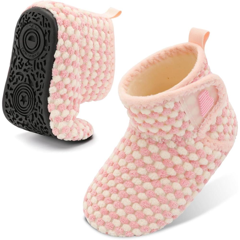 imageBARERUN Toddler Slippers Girls Boys House Shoes Baby Winter Booties Plush Cozy Kids House Slipper Warm Lightweight Infant Walking Shoes SocksPlaid Pink White