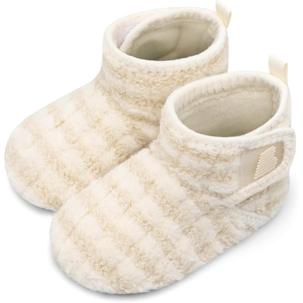 imageBARERUN Toddler Slippers Girls Boys House Shoes Baby Winter Booties Plush Cozy Kids House Slipper Warm Lightweight Infant Walking Shoes SocksStripe Beige
