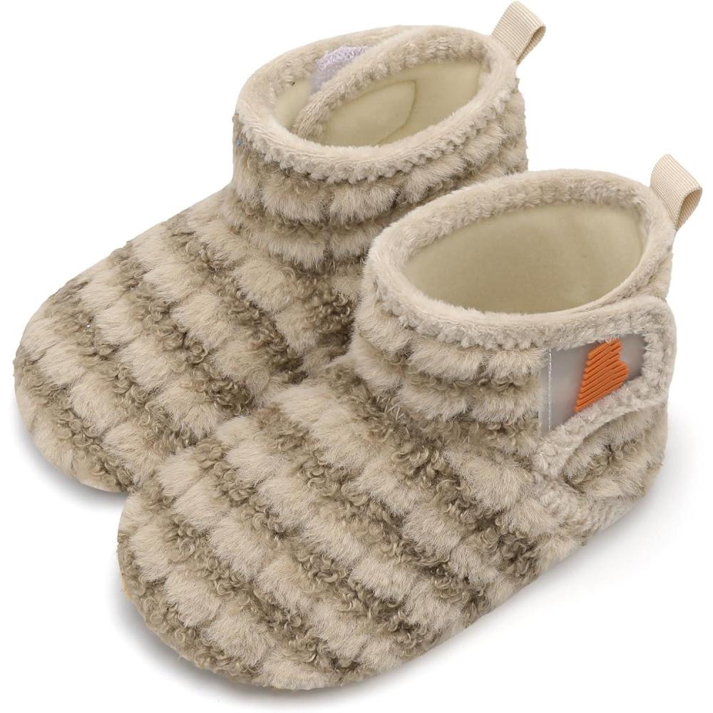 imageBARERUN Toddler Slippers Girls Boys House Shoes Baby Winter Booties Plush Cozy Kids House Slipper Warm Lightweight Infant Walking Shoes SocksStripe Brown