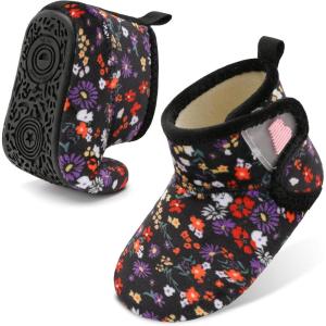 BARERUN Toddler Slippers Girls Boys House Shoes Baby Winter Booties Plush Cozy Kids House Slipper Warm Lightweight Infant Walking Shoes Socks(Flower)