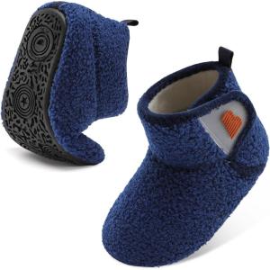 BARERUN Toddler Slippers Girls Boys House Shoes Baby Winter Booties Plush Cozy Kids House Slipper Warm Lightweight Infant Walking Shoes Socks(Navy)