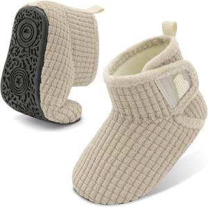 BARERUN Toddler Slippers Girls Boys House Shoes Baby Winter Booties Plush Cozy Kids House Slipper Warm Lightweight Infant Walking Shoes Socks(Plaid Beige)