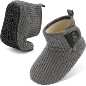BARERUN Toddler Slippers Girls Boys House Shoes Baby Winter Booties Plush Cozy Kids House Slipper Warm Lightweight Infant Walking Shoes Socks(Plaid Grey)