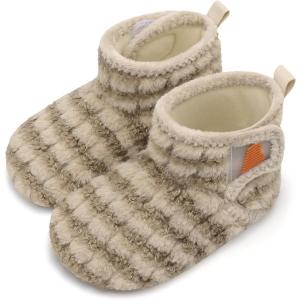 BARERUN Toddler Slippers Girls Boys House Shoes Baby Winter Booties Plush Cozy Kids House Slipper Warm Lightweight Infant Walking Shoes Socks(Stripe Brown)