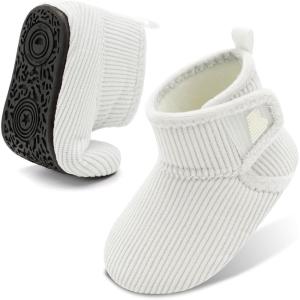 BARERUN Toddler Slippers Girls Boys House Shoes Baby Winter Booties Plush Cozy Kids House Slipper Warm Lightweight Infant Walking Shoes Socks(Vertical White)