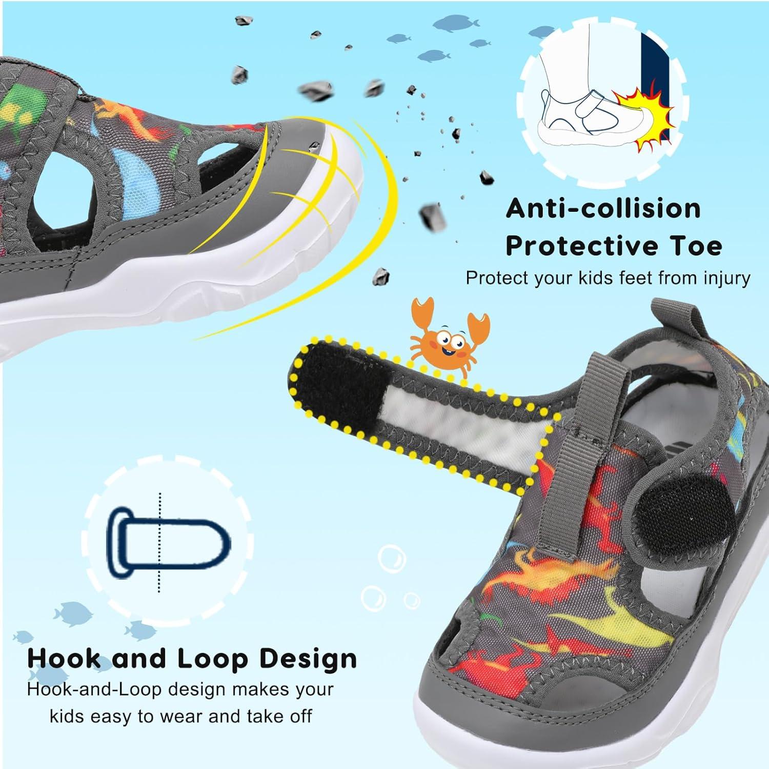 imageBARERUN Kids Water Shoes Boys Girls Barefoot Aqua Socks for Swim Surf Pool Beach Sport Lightweight Breathable Sandal Athletic SlipOn Sneaker for Toddler Outdoor IndoorGreydinosaur