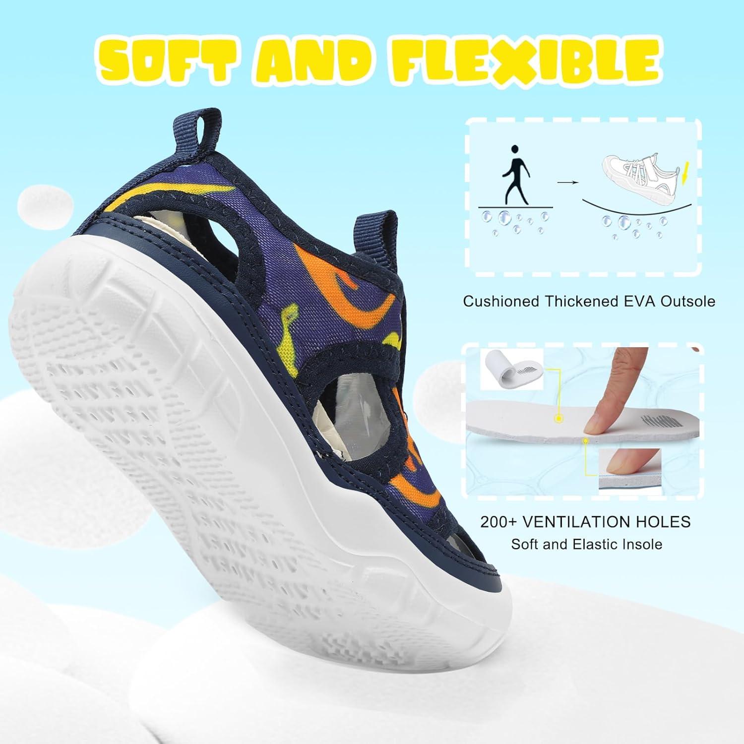 imageBARERUN Kids Water Shoes Boys Girls Barefoot Aqua Socks for Swim Surf Pool Beach Sport Lightweight Breathable Sandal Athletic SlipOn Sneaker for Toddler Outdoor IndoorBluedinosaur