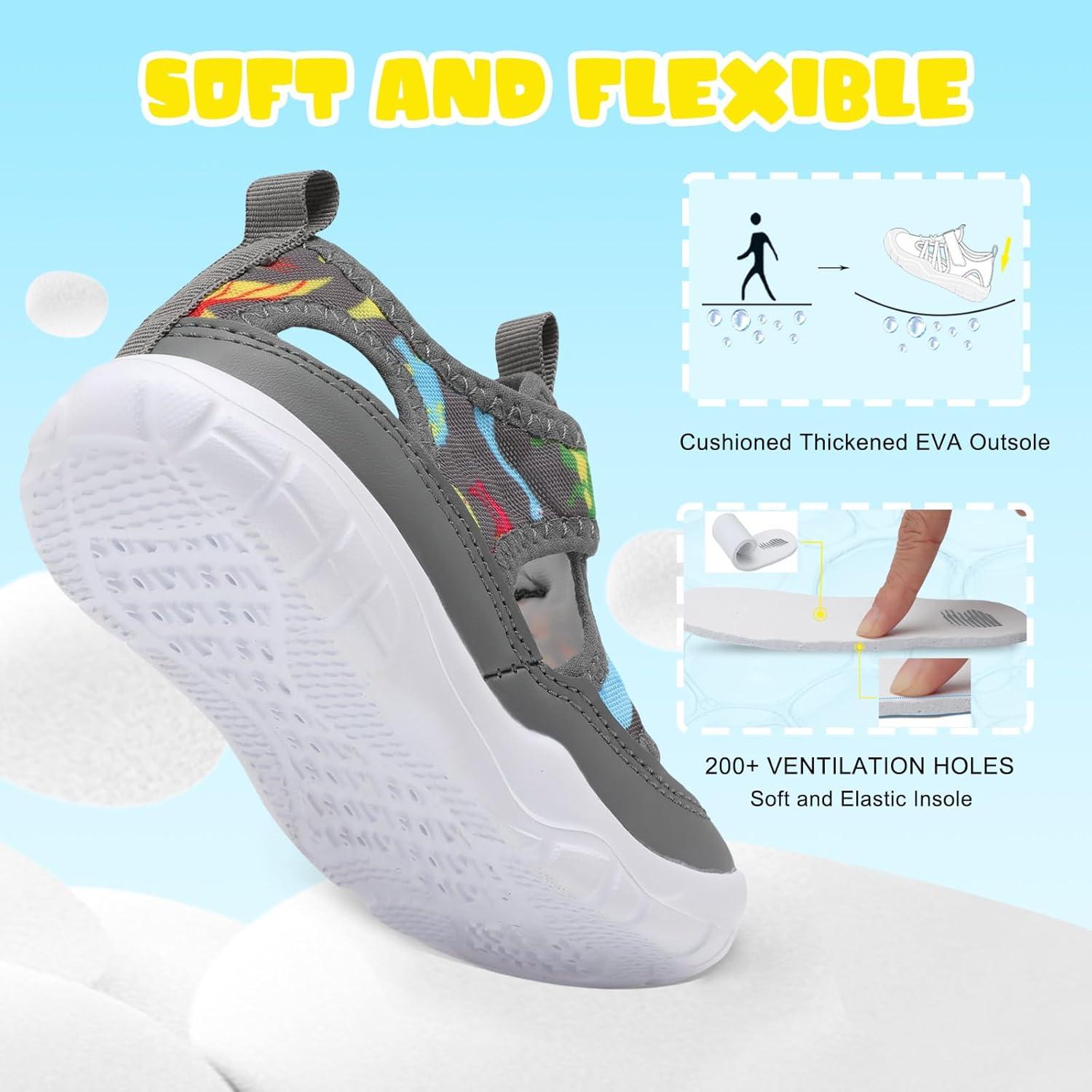 imageBARERUN Kids Water Shoes Boys Girls Barefoot Aqua Socks for Swim Surf Pool Beach Sport Lightweight Breathable Sandal Athletic SlipOn Sneaker for Toddler Outdoor IndoorGreydinosaur