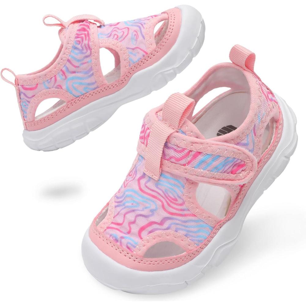 imageBARERUN Kids Water Shoes Boys Girls Barefoot Aqua Socks for Swim Surf Pool Beach Sport Lightweight Breathable Sandal Athletic SlipOn Sneaker for Toddler Outdoor IndoorPink Stripe